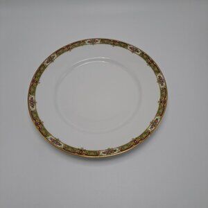 Union Ceramique LImoges France 9.75" Dinner Plate Tan Band Red Accent Floral